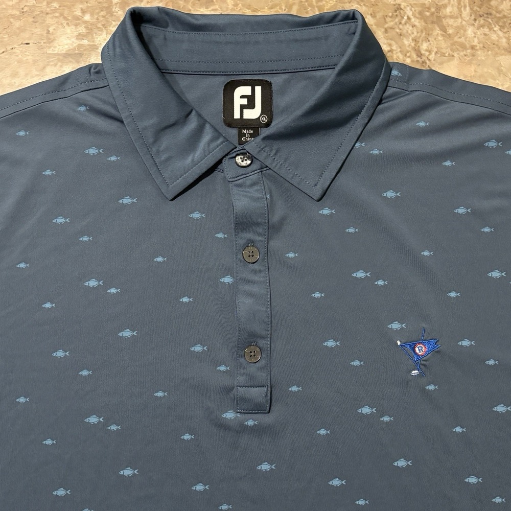 Footjoy Polo Shirt Mens XL Blue Ocean Reef Club Fish Print Golf Stretch